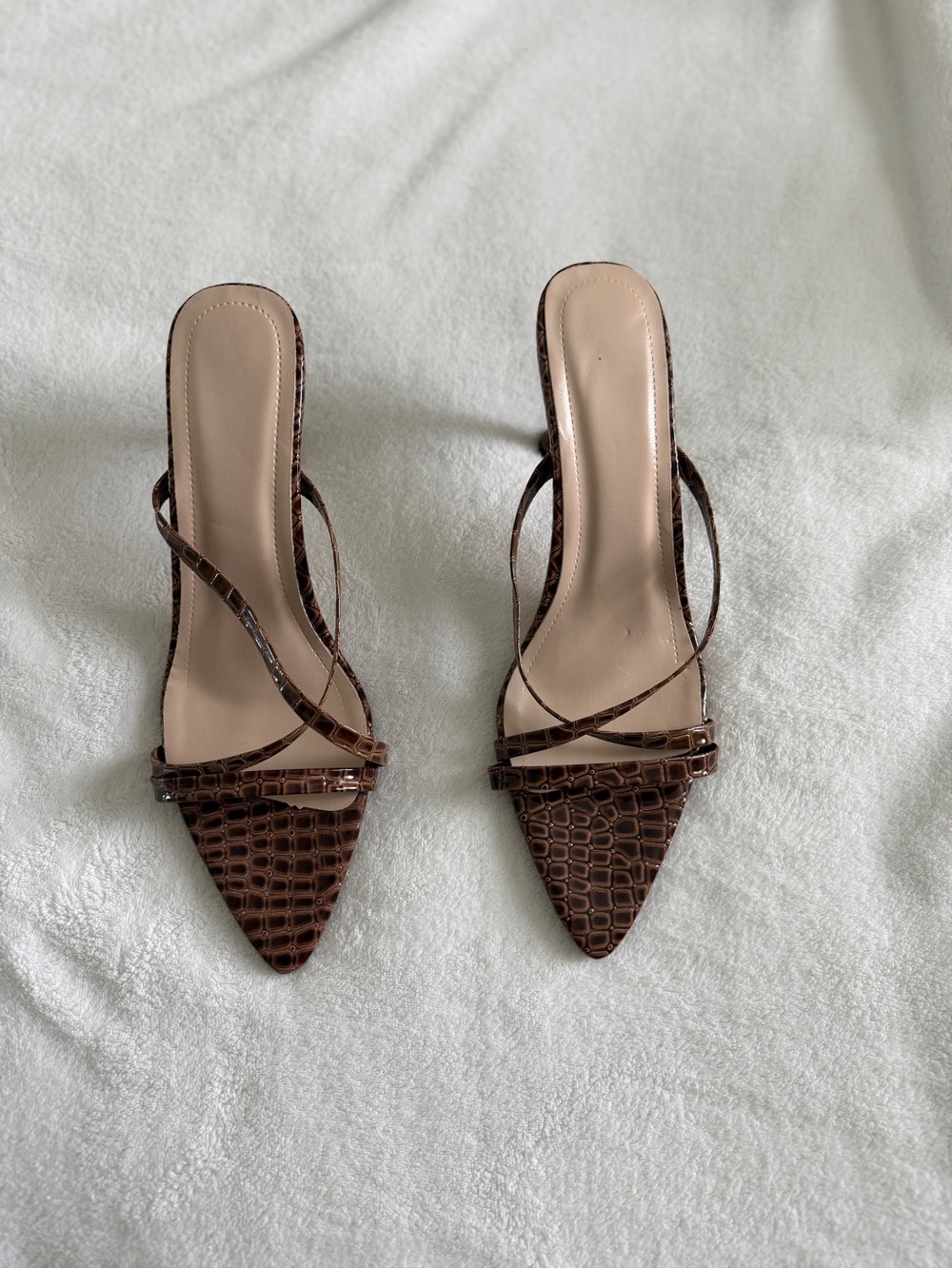 SHEIN Brown Croc-Effect Pointed Strappy Mules